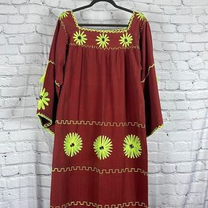 Handmade Mexican folk art dress maxi rusty brown neon green size M/L